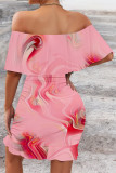 Sexy Floral Print Flounce Contrast Off Shoulder Printed Dresses