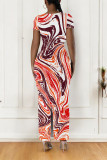 Casual Geometric Print Contrast O Neck One Step Skirt Dresses