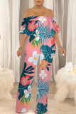 Sexy Floral Print Flounce Contrast Off Shoulder Loose Jumpsuits