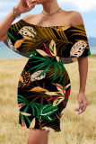 Sexy Floral Print Flounce Contrast Off Shoulder Printed Dresses