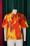 Casual Print Belted Tie Neck Tops