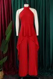 Casual Solid Color Backless Ruched Irregular Halter Sleeveless Two Pieces