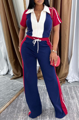 Casual Patchwork Zipper Contrast Turndown Collar Short Sleeve Two Pieces