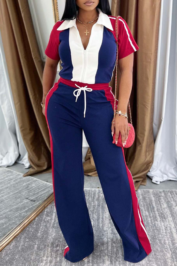 Casual Patchwork Zipper Contrast Turndown Collar Short Sleeve Two Pieces