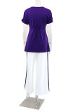 Casual Patchwork Slit Contrast V Neck Short Sleeve Two Pieces