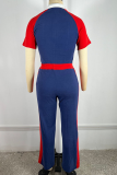 Casual Patchwork Zipper Contrast Turndown Collar Short Sleeve Two Pieces