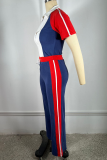 Casual Patchwork Zipper Contrast Turndown Collar Short Sleeve Two Pieces