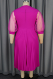 Elegant Solid Color With Belt Pleated O Neck Long Plus Size Dresses