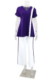 Casual Patchwork Slit Contrast V Neck Short Sleeve Two Pieces