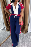 Casual Patchwork Zipper Contrast Turndown Collar Short Sleeve Two Pieces