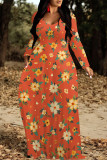 Casual Flowers Print Pocket Contrast O Neck Printed Dresses