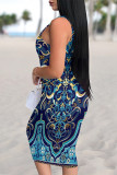 Sexy Geometric Print Contrast U Neck Printed Dresses