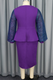 Elegant Patchwork Ruffled Trim V Neck Wrapped Skirt Plus Size Dresses