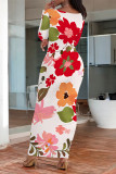 Elegant Floral Print Contrast O Neck Printed Dresses
