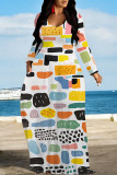 Casual Geometric Print Pocket Contrast O Neck Printed Dresses
