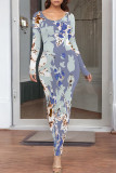 Elegant Floral Print Contrast O Neck Printed Dresses