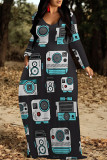 Casual Geometric Print Pocket Contrast O Neck Printed Dresses