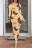 Casual Cartoon Print Contrast O Neck Printed Dresses