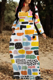 Casual Geometric Print Pocket Contrast O Neck Printed Dresses