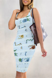 Sexy Graffiti Print Stripe Contrast U Neck Printed Dresses