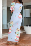 Casual Cartoon Print Contrast O Neck Printed Dresses