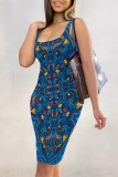 Sexy Geometric Print Contrast U Neck Printed Dresses