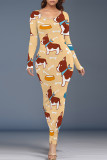 Casual Cartoon Print Contrast O Neck Printed Dresses