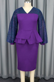 Elegant Patchwork Ruffled Trim V Neck Wrapped Skirt Plus Size Dresses