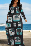 Casual Geometric Print Pocket Contrast O Neck Printed Dresses