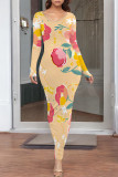 Elegant Floral Print Contrast O Neck Printed Dresses