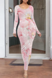 Elegant Floral Print Contrast O Neck Printed Dresses