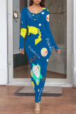 Casual Cartoon Print Contrast O Neck Printed Dresses