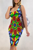 Sexy Geometric Print Contrast U Neck Printed Dresses