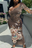 Elegant Floral Print Contrast O Neck Printed Dresses