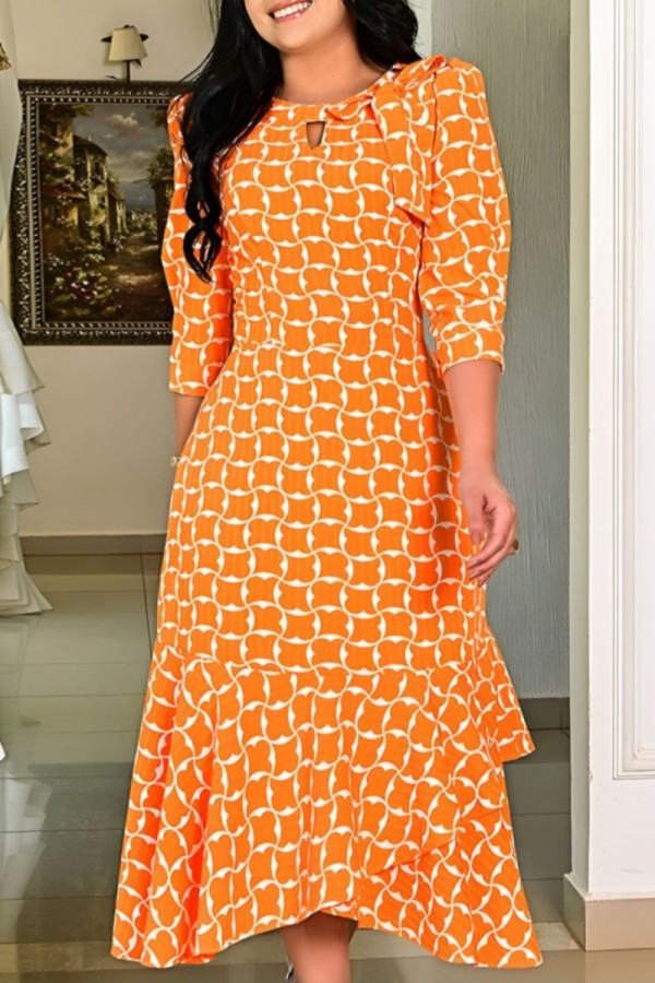 Casual Print Hollow Out Belted O Neck Long Dresses