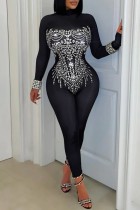 Sexy Nightclub Solid Color Hot Drill Turtleneck Skinny Jumpsuits