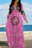 Casual National Totem Print Pocket Contrast O Neck Printed Dresses