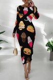 Elegant Graffiti Print Butterfly Contrast O Neck Printed Dresses