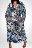 Elegant Floral Print Pocket Contrast V Neck Printed Plus Size Dresses