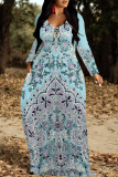 Casual National Totem Print Pocket Contrast O Neck Printed Dresses