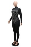 Sexy Nightclub Solid Color Hot Drill Turtleneck Skinny Jumpsuits