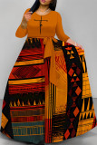 Casual Colorblock Print Pocket With Belt O Neck Printed Dresses