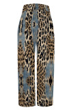 Casual Faux Denim Print Leopard Pocket Contrast Loose High Waist Wide Leg Full Print Bottoms