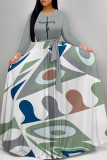 Casual Colorblock Print Pocket With Belt O Neck Printed Dresses