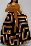 Casual Colorblock Print Pocket With Belt O Neck Printed Dresses