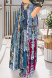Casual Faux Denim Print Leopard Pocket Contrast Loose High Waist Wide Leg Full Print Bottoms