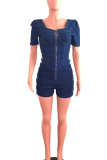 Sexy Solid Color Chains Zipper Square Neck Skinny Rompers