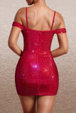 Sexy Solid Color Patchwork Hot Drill Zipper Spaghetti Strap Sling Dresses