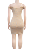 Sexy Solid Color Patchwork Hot Drill Zipper Spaghetti Strap Sling Dresses