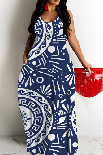 Casual Geometric Print Pocket Contrast O Neck Printed Dresses